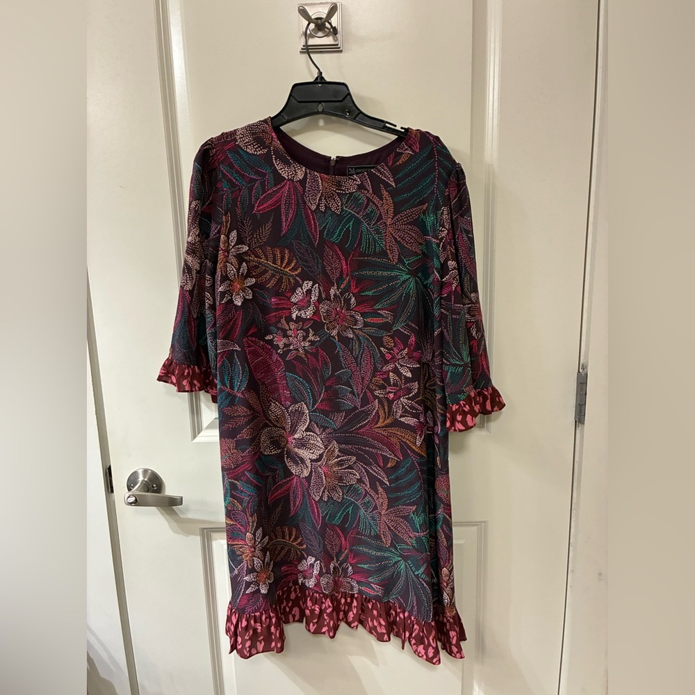 Johnny Was Burgundy Floral Shift Dress with Teal & Pink Accents